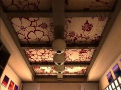 Двухуровневый потолок на кухне в китайском стиле, скрывающий линии коммуникаций